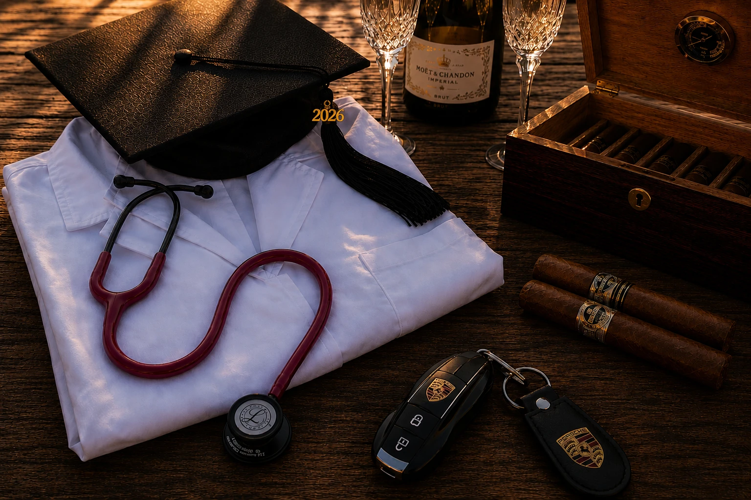 A graduation cap, white coat and stethoscope beside a humidor, two cigars, champagne and keys at golden hour