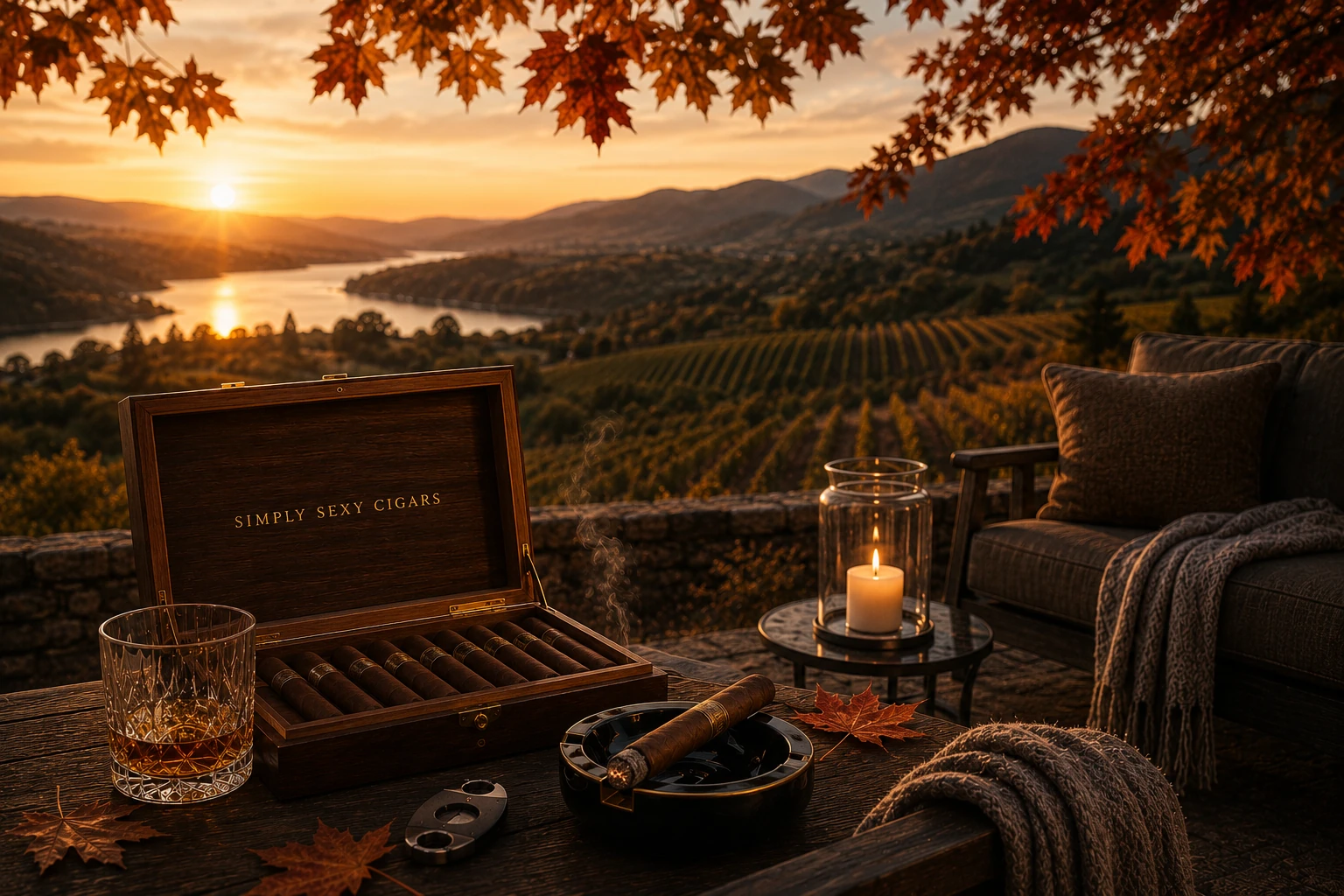 An open humidor, whiskey and a lit cigar on a terrace overlooking a vineyard at golden-hour sunset