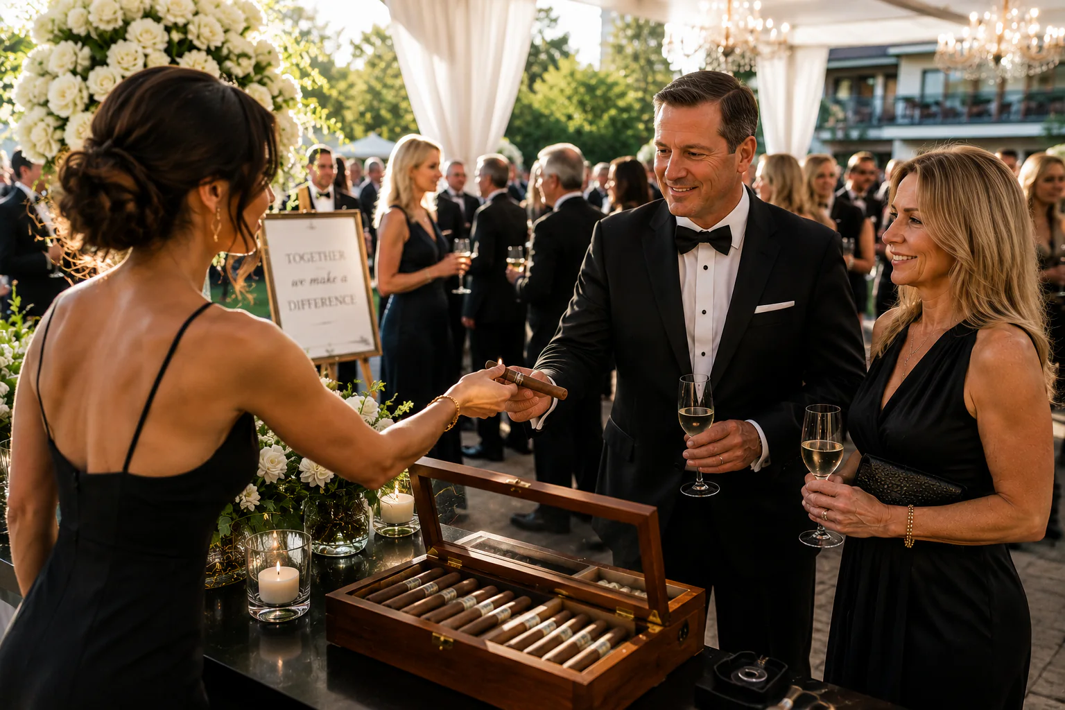 An attendant hands a cigar across a candlelit table at an outdoor black-tie charity gala