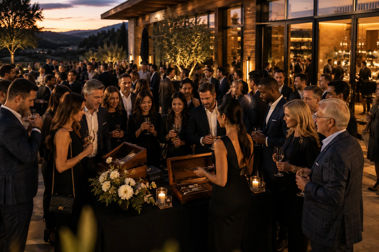Guests in business attire gather around a candlelit cigar table at an upscale corporate appreciation reception at dusk, a modern estate lit behind them