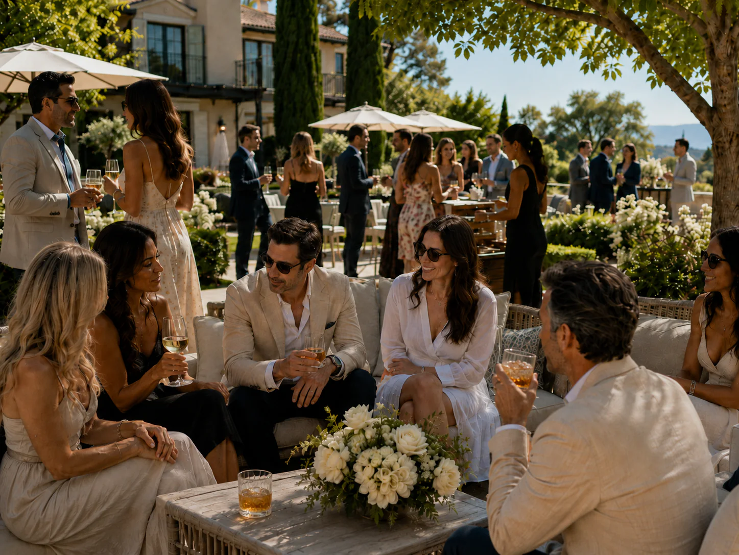 Well-dressed guests relax with drinks on outdoor sofas at a sunlit private estate celebration, a Mediterranean villa and garden behind them